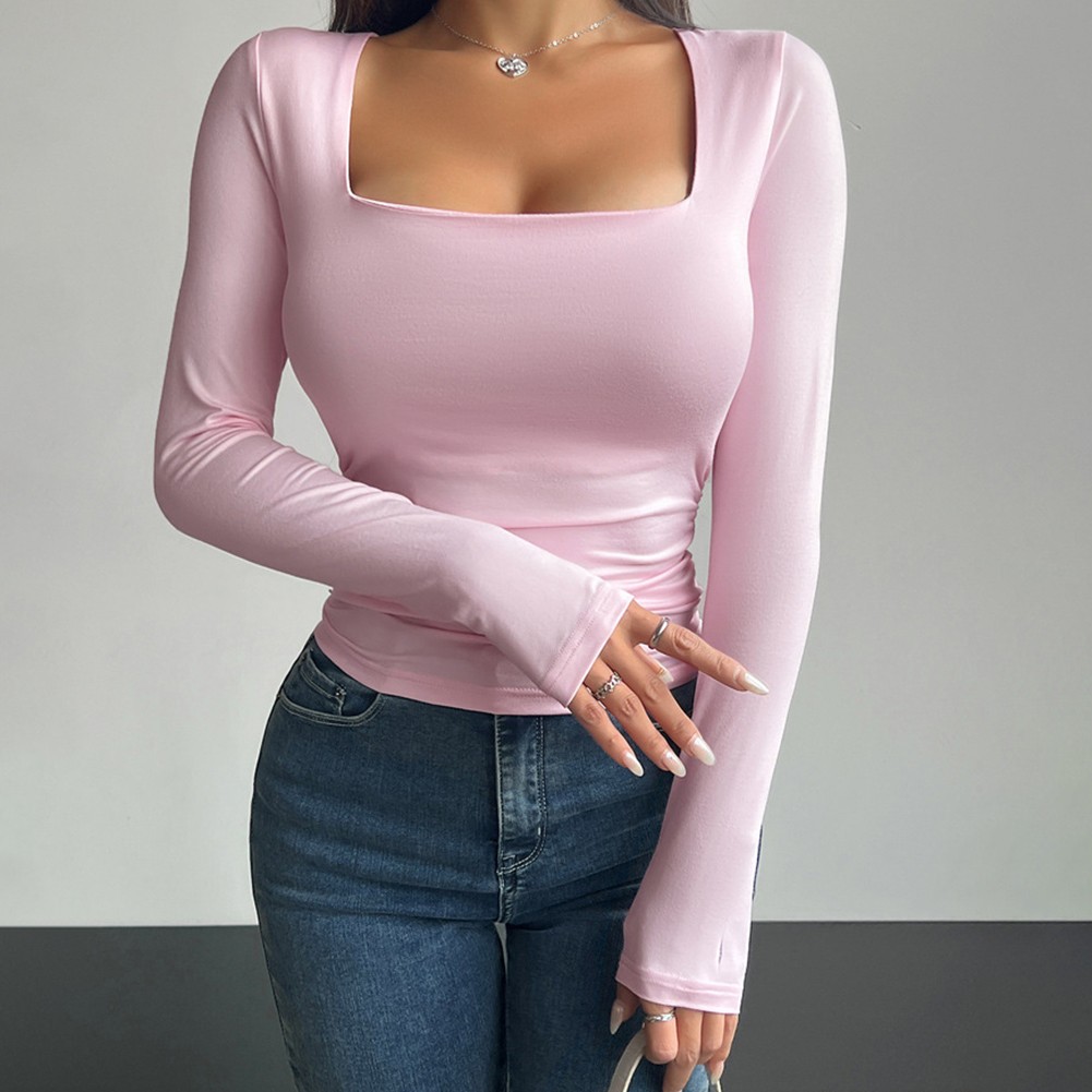 Stylish Everyday Wear Slim Fit Womens Long Sleeve Square Neck Casual Tops - Picture 46 of 49