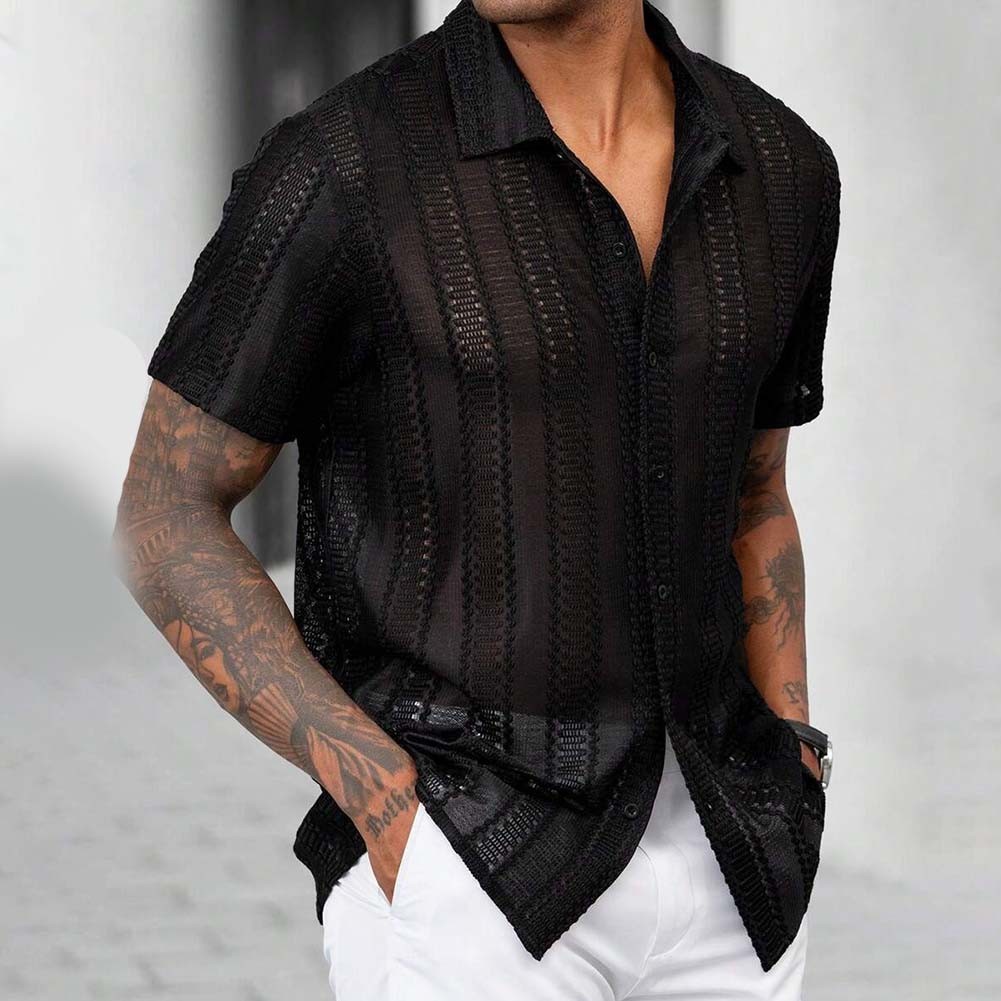 Lightweight Men's Summer Mesh Lace Shirt with Short Sleeves for Daily Use - Picture 16 of 37