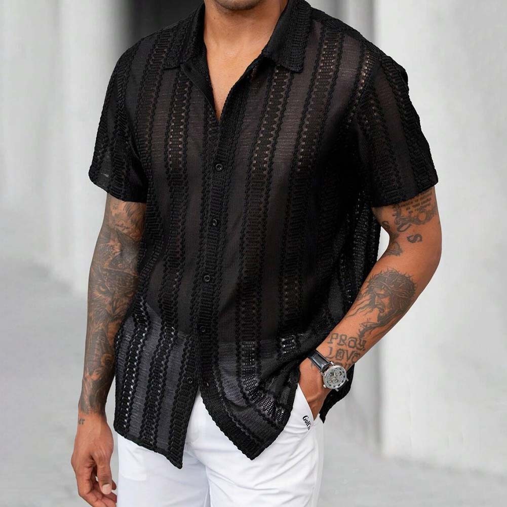 Lightweight Men's Summer Mesh Lace Shirt with Short Sleeves for Daily Use - Picture 14 of 37