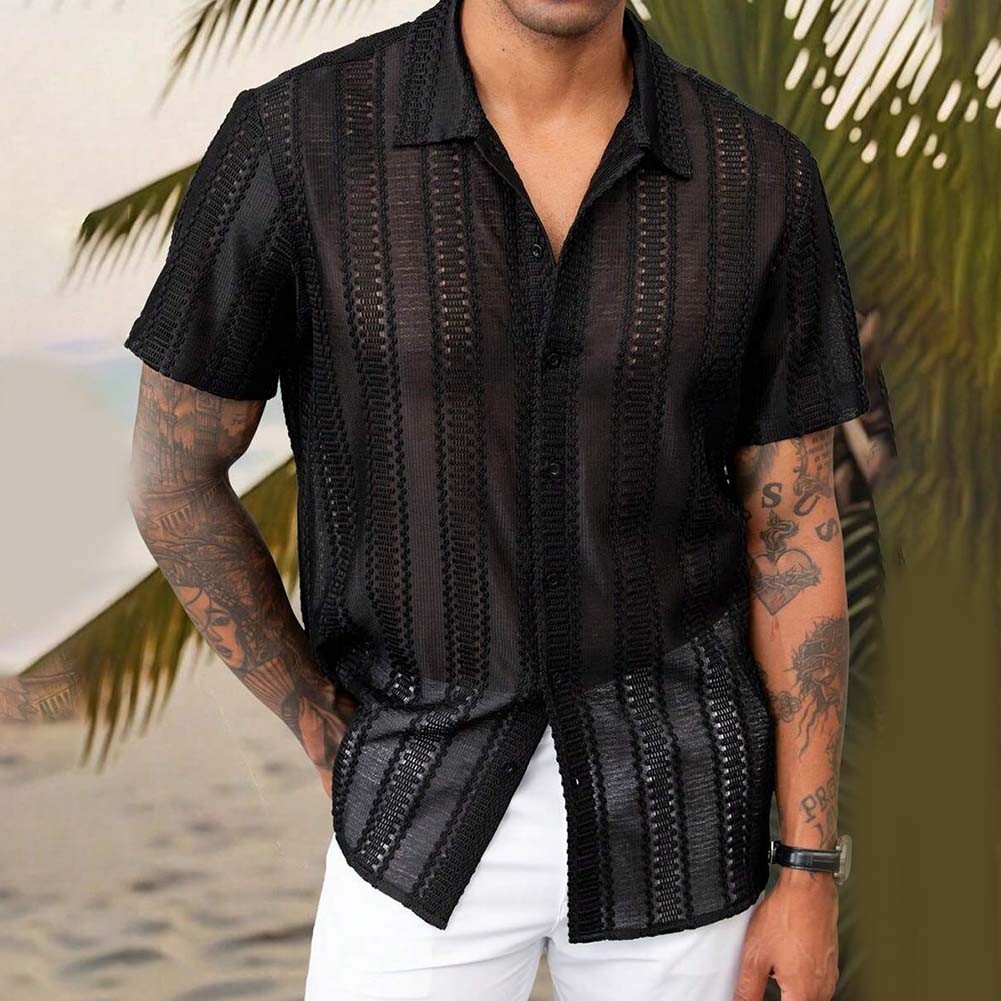 Lightweight Men's Summer Mesh Lace Shirt with Short Sleeves for Daily Use - Picture 13 of 37
