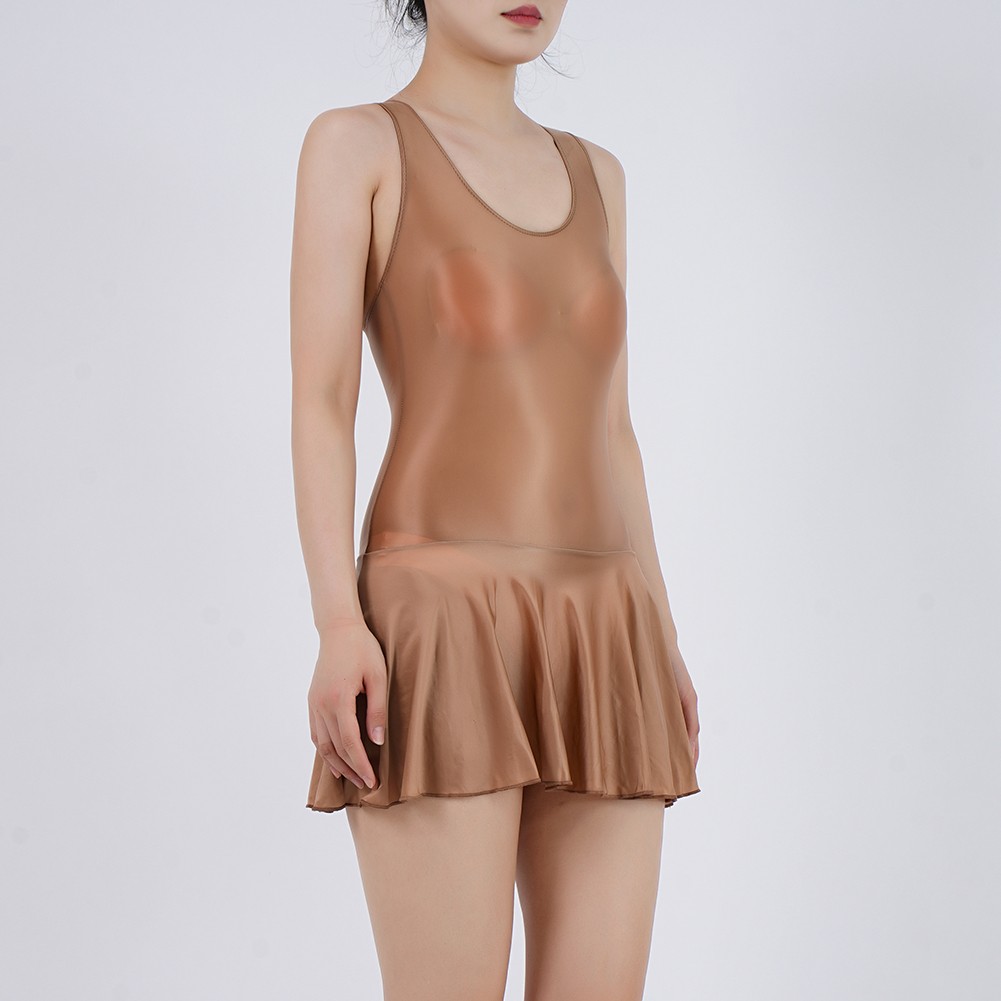 Women Swimsuit Oil Shiny Sheer Sleeveless Leotard Dance Bodysuit Pleated Skirt - Picture 41 of 48