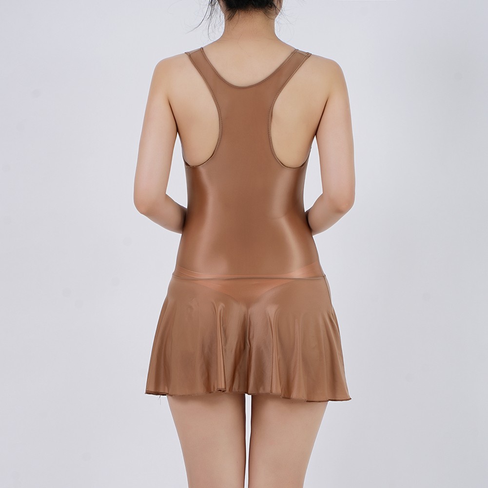 Women Swimsuit Oil Shiny Sheer Sleeveless Leotard Dance Bodysuit Pleated Skirt - Picture 42 of 48