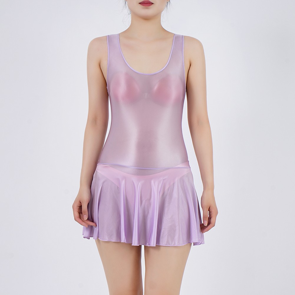 Women Swimsuit Oil Shiny Sheer Sleeveless Leotard Dance Bodysuit Pleated Skirt - Picture 38 of 48