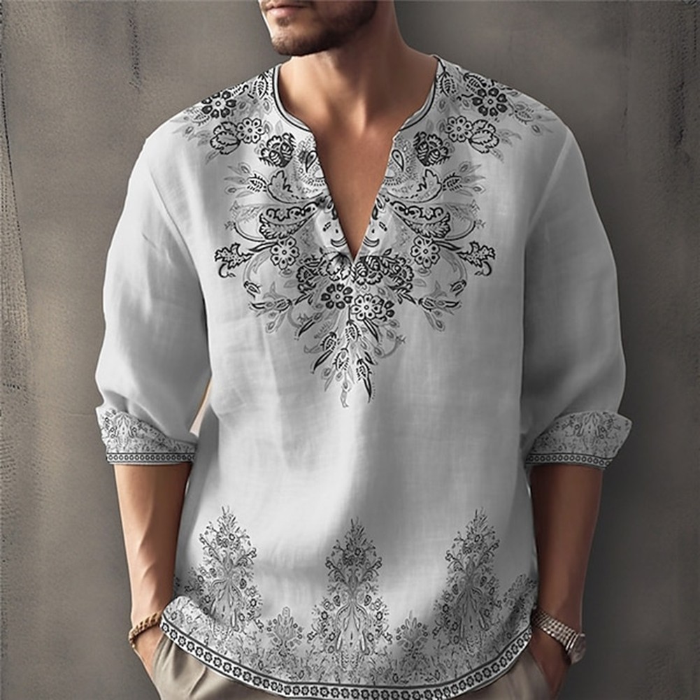 Fashion Forward Men's Long Sleeve V Neck T Shirt with Unique 3D Print Design