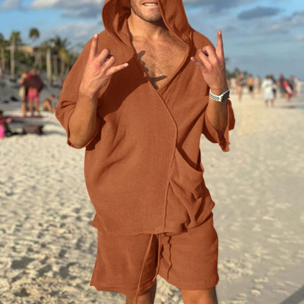 Relaxed Fit Men's Summer Outfit Cotton Linen Hooded Top and Short Suit