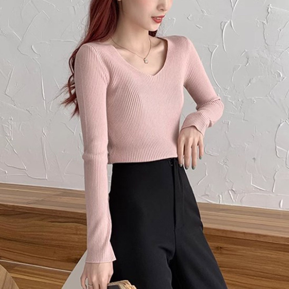 Cute Women Long Sleeve V Neck Slim Fit T Shirt in Trendy Ribbed Knit Fabric - Picture 16 of 16