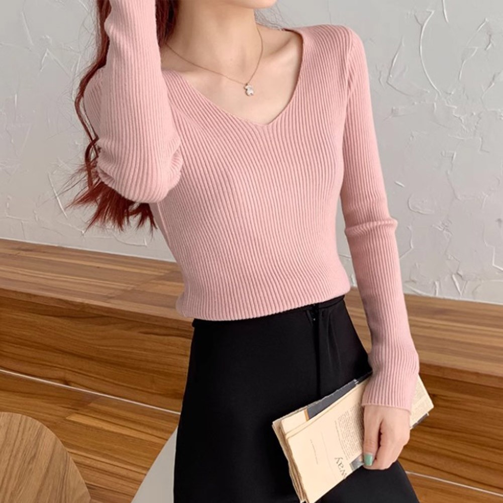 Cute Women Long Sleeve V Neck Slim Fit T Shirt in Trendy Ribbed Knit Fabric - Picture 15 of 16