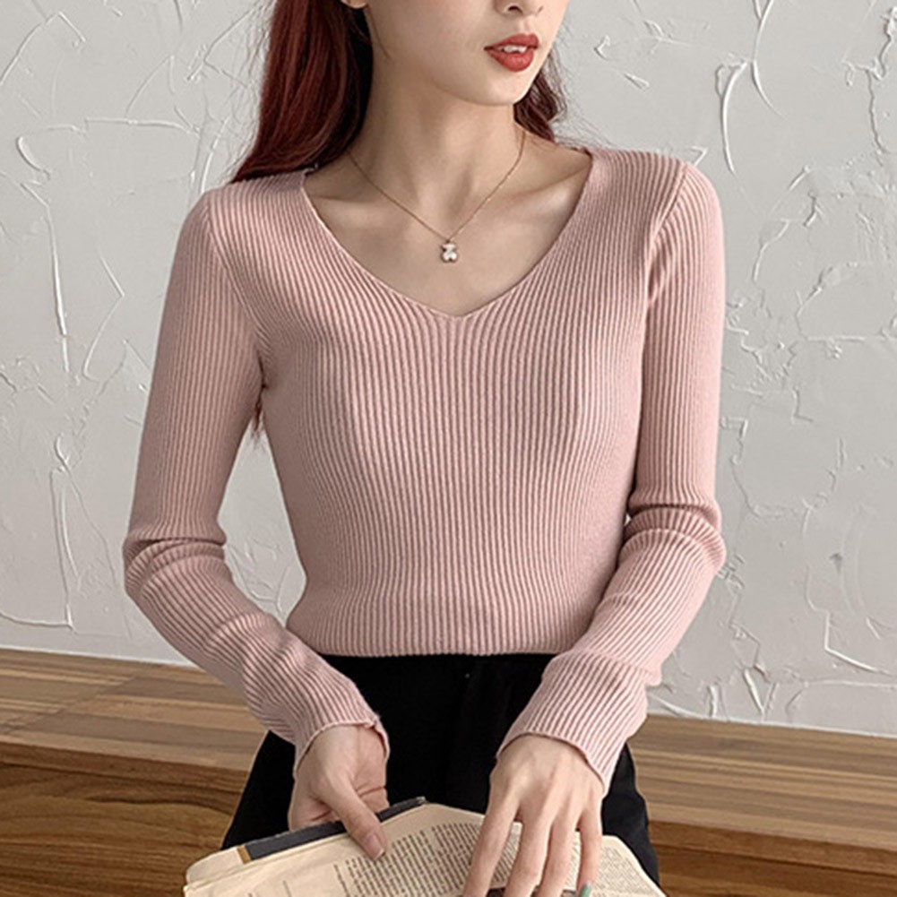 Cute Women Long Sleeve V Neck Slim Fit T Shirt in Trendy Ribbed Knit Fabric - Picture 14 of 16