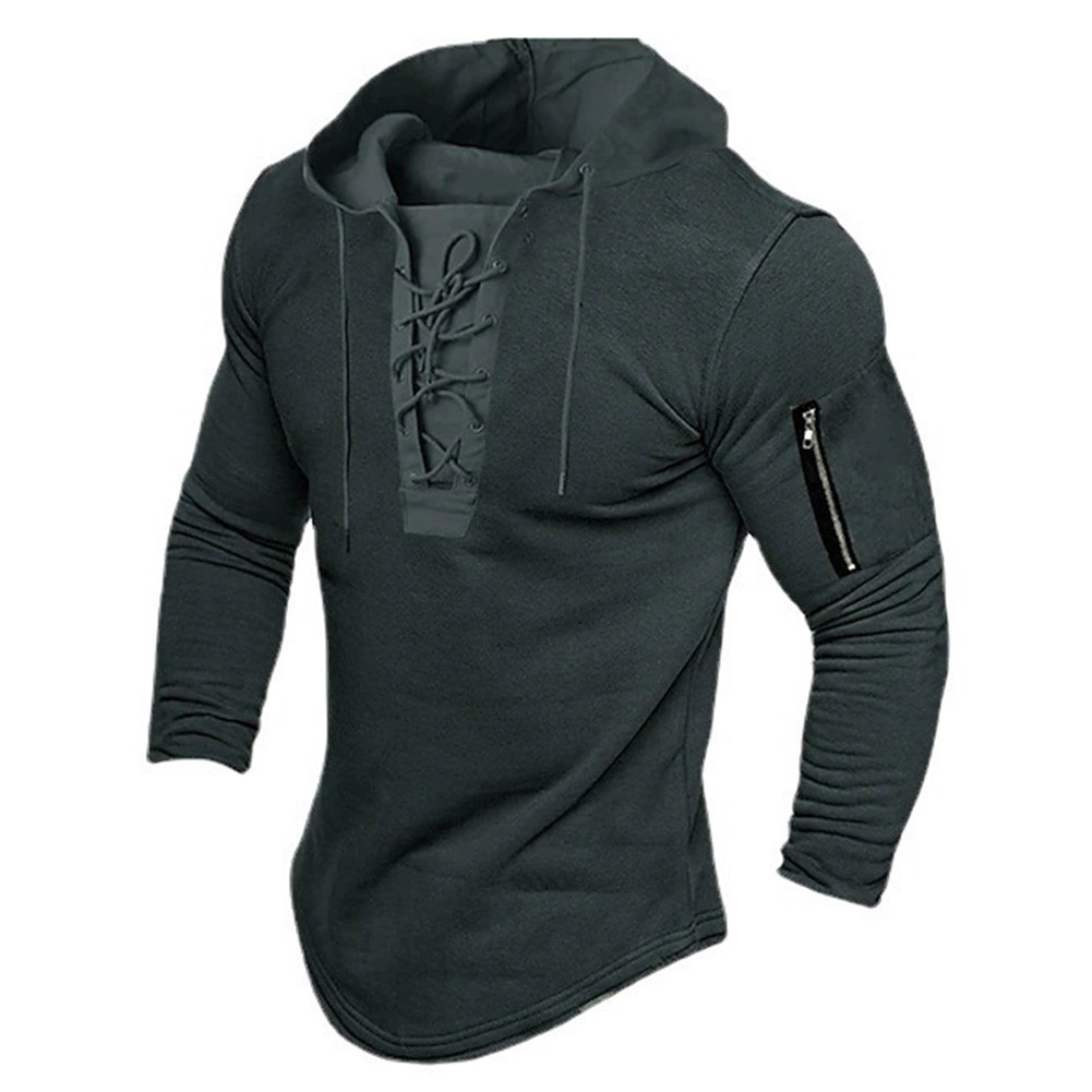 Mens Solid Color Pullover Hoodie with Lace Up and Zip for Everyday Use - Picture 7 of 10