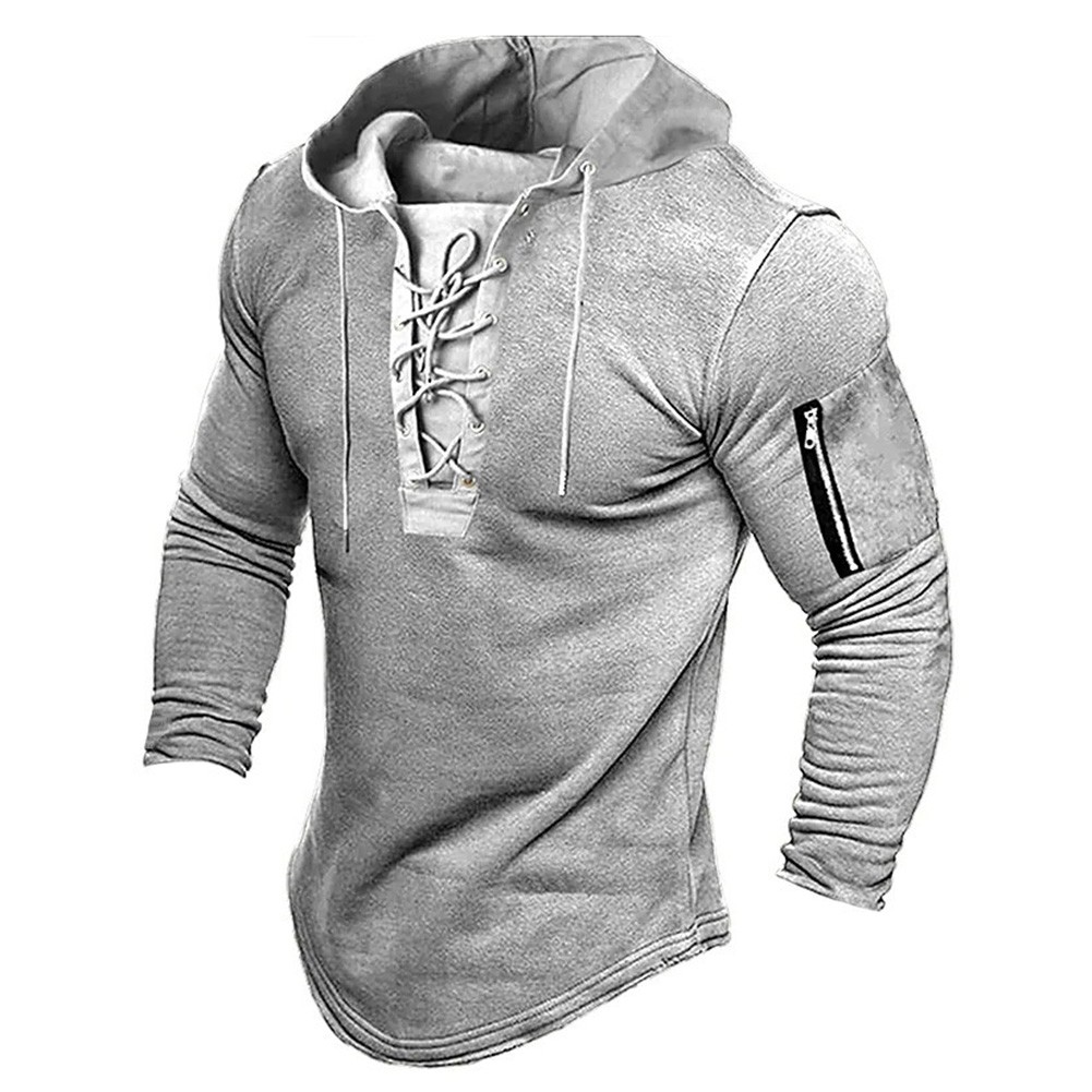 Mens Solid Color Pullover Hoodie with Lace Up and Zip for Everyday Use - Picture 6 of 10