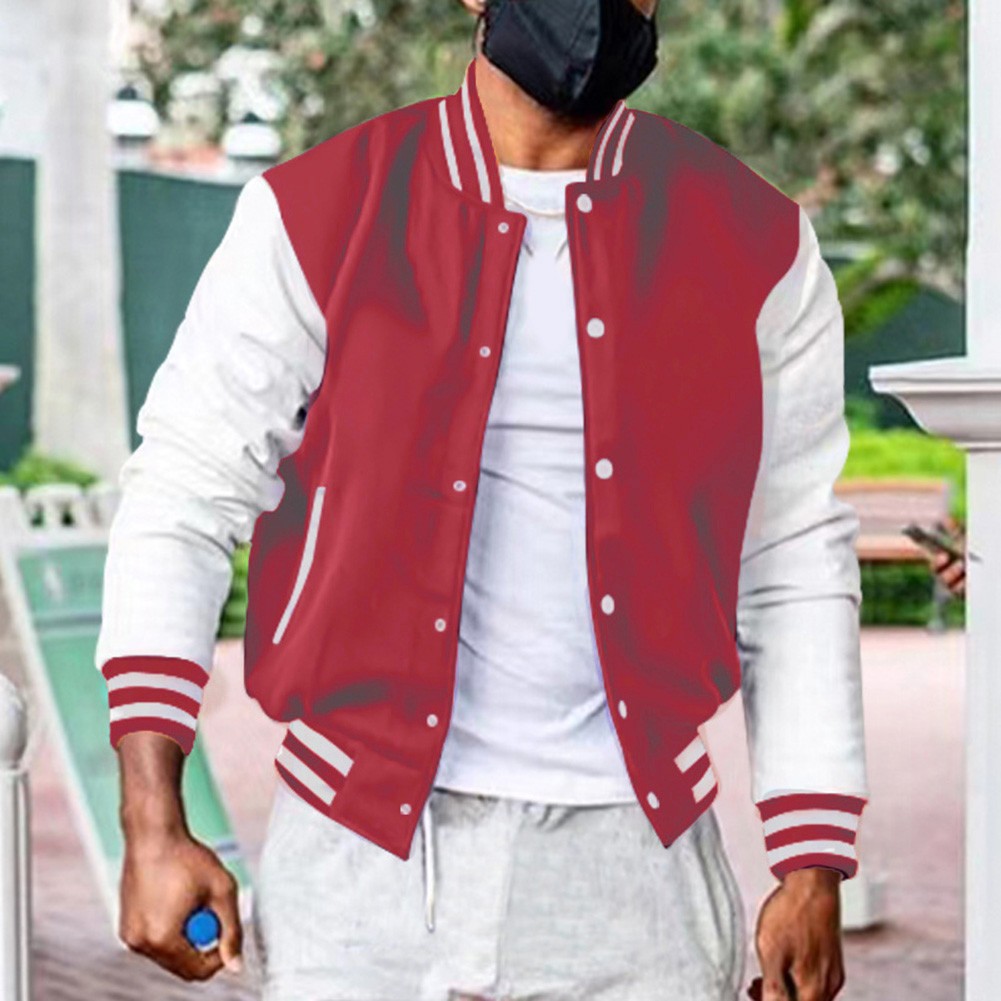 Trendy Splicing Coat for Men's Thin Fleece Baseball Jacket University Varsity - Picture 17 of 60