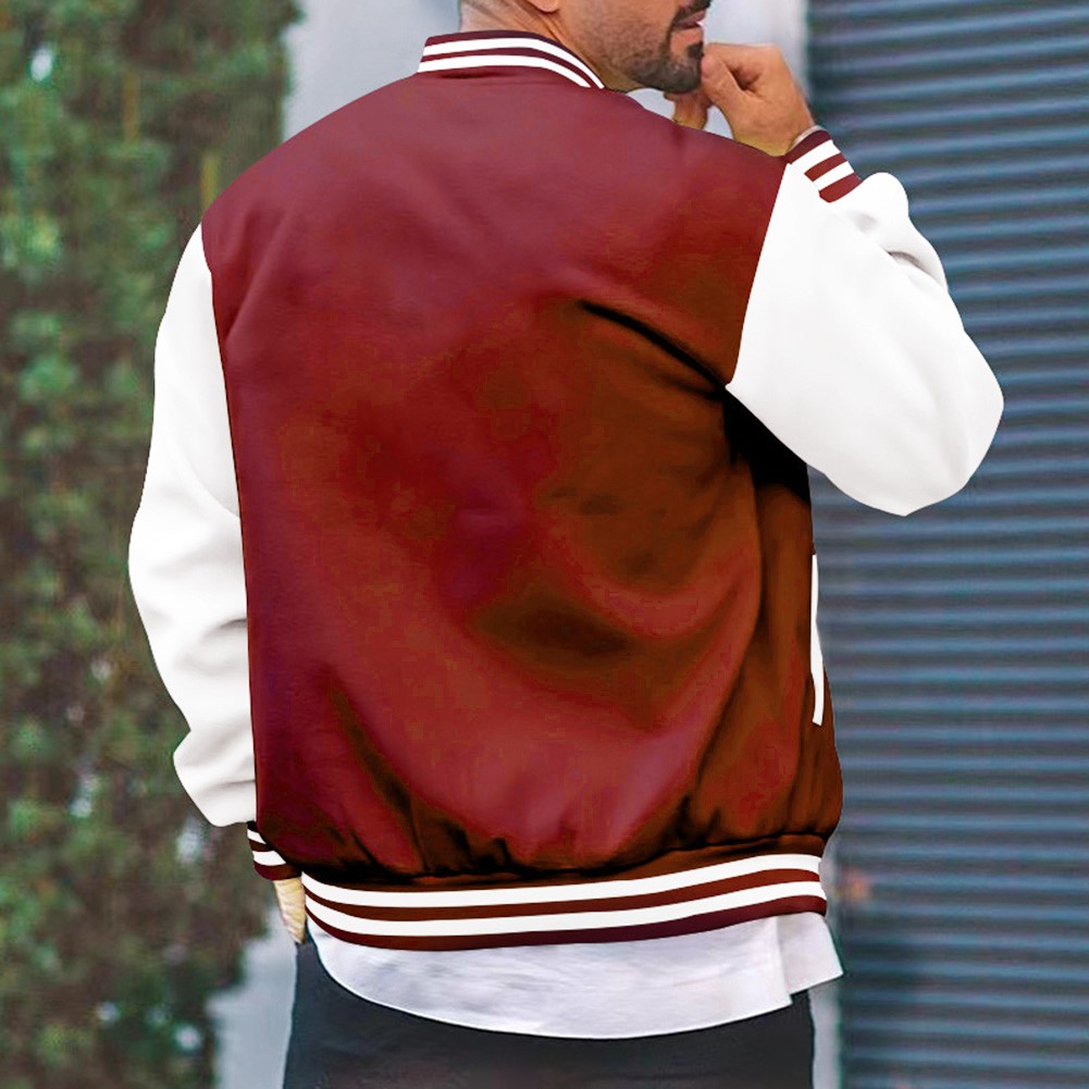 Trendy Splicing Coat for Men's Thin Fleece Baseball Jacket University Varsity - Picture 19 of 60