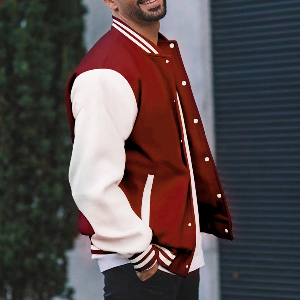 Trendy Splicing Coat for Men's Thin Fleece Baseball Jacket University Varsity - Picture 18 of 60