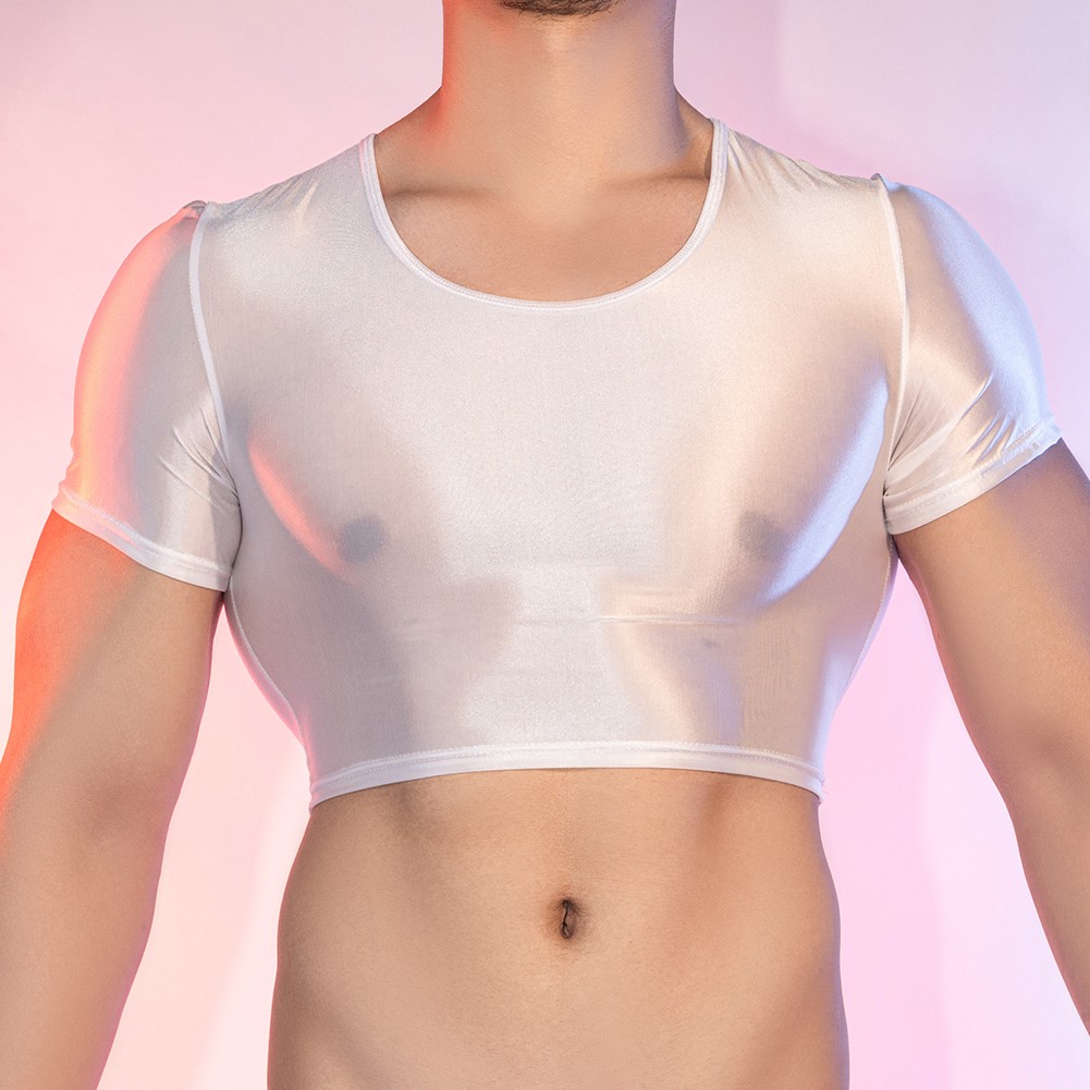 Men's Glossy See Through Tee Smooth Fabric Short Sleeve Top for Night Wear - Picture 21 of 38