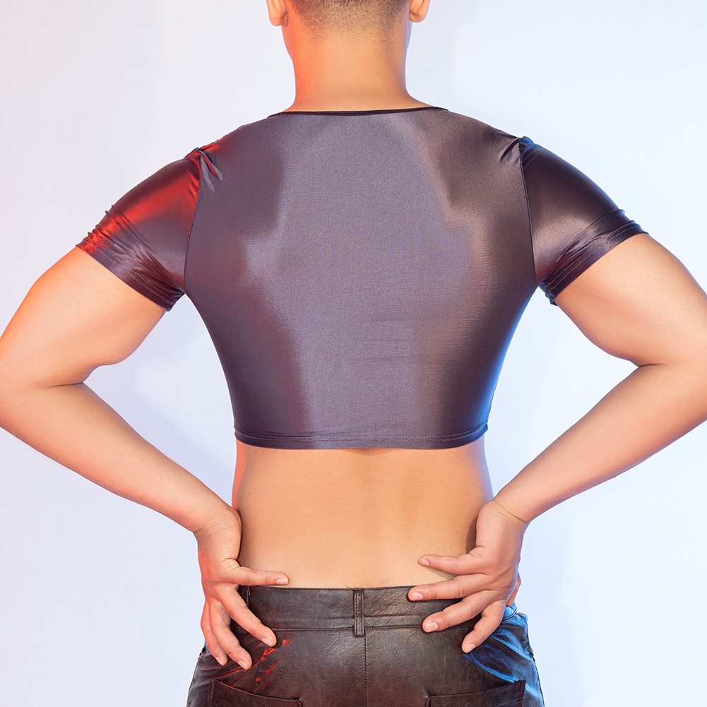 Men's Glossy See Through Tee Smooth Fabric Short Sleeve Top for Night Wear - Picture 38 of 38