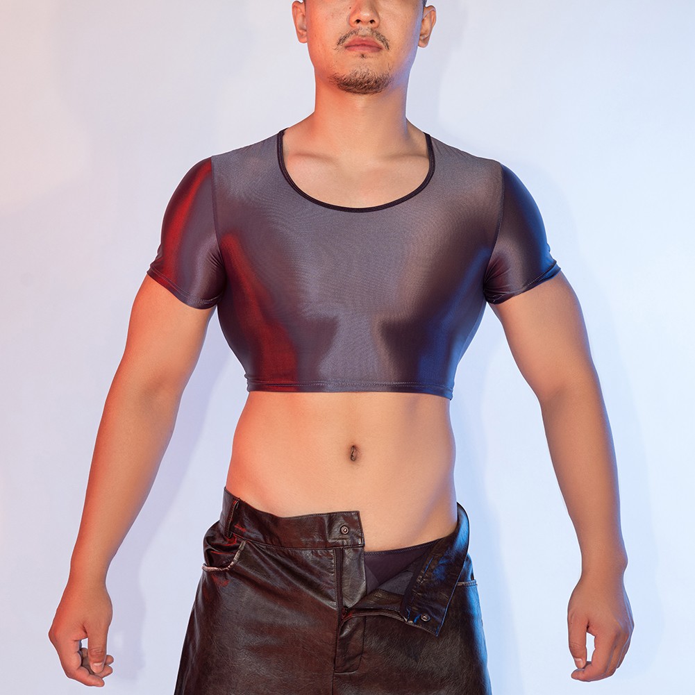 Men's Glossy See Through Tee Smooth Fabric Short Sleeve Top for Night Wear - Picture 36 of 38