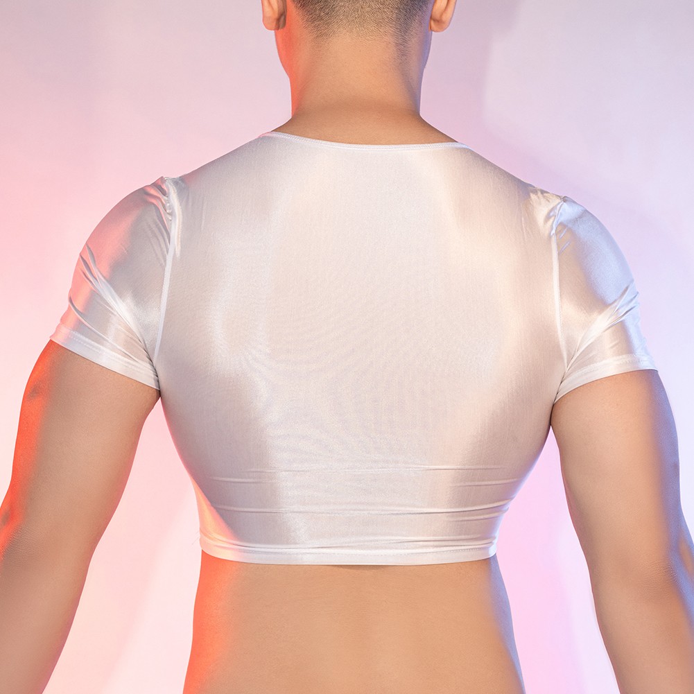 Men's Glossy See Through Tee Smooth Fabric Short Sleeve Top for Night Wear - Picture 24 of 38