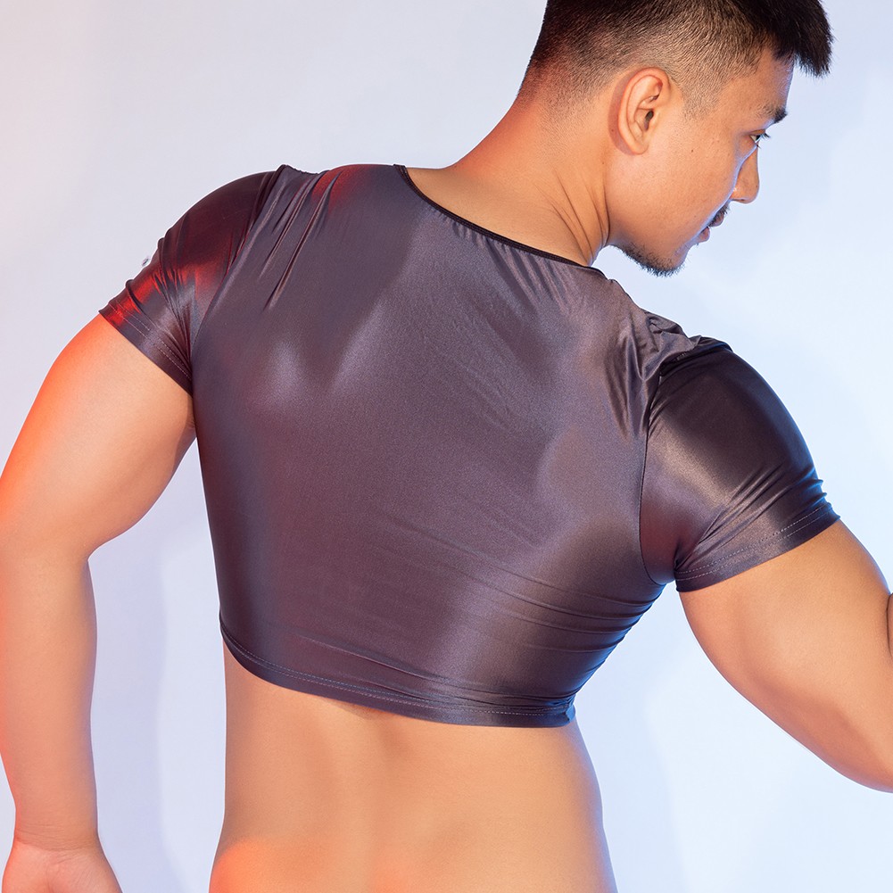 Men's Glossy See Through Tee Smooth Fabric Short Sleeve Top for Night Wear - Picture 35 of 38