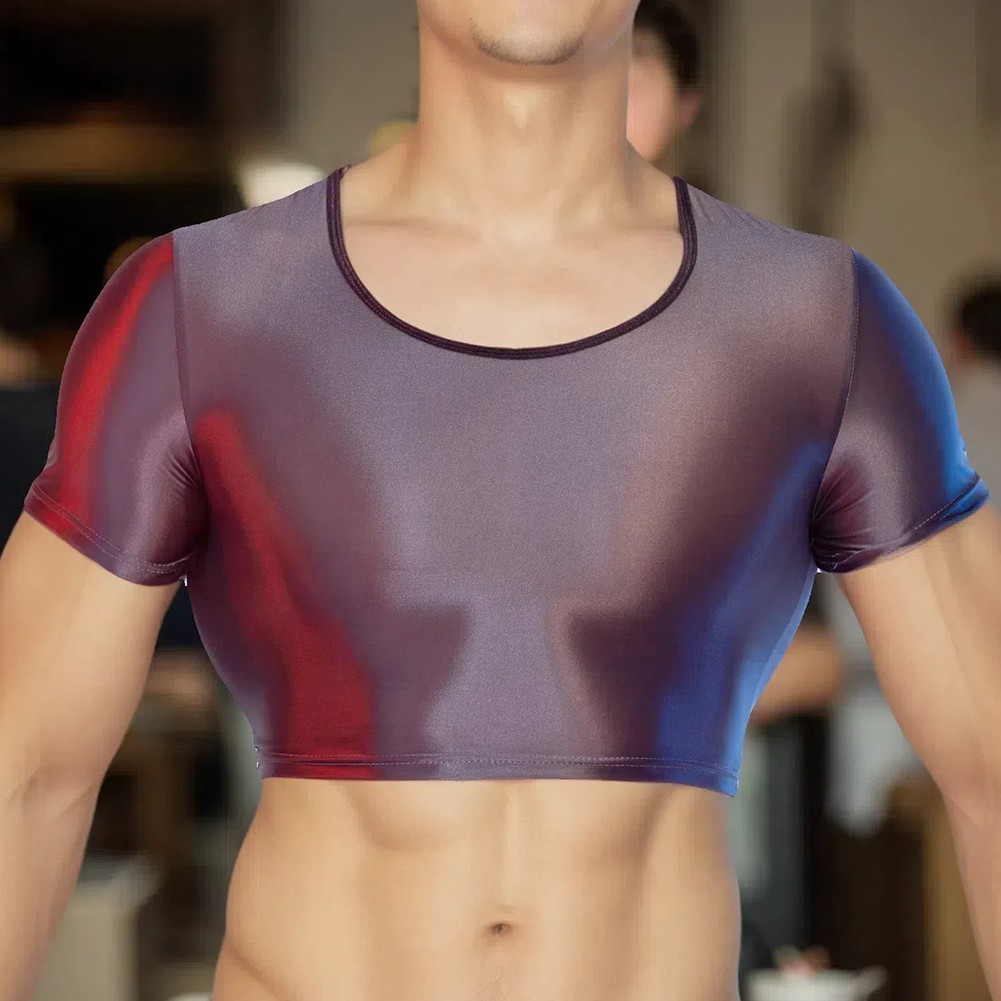 Men's Glossy See Through Tee Smooth Fabric Short Sleeve Top for Night Wear - Picture 29 of 38