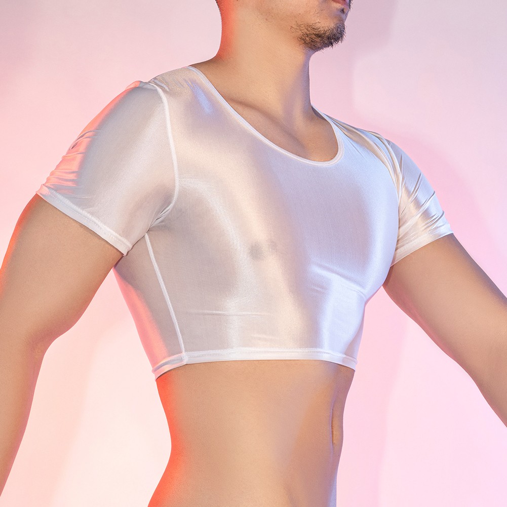 Men's Glossy See Through Tee Smooth Fabric Short Sleeve Top for Night Wear - Picture 23 of 38