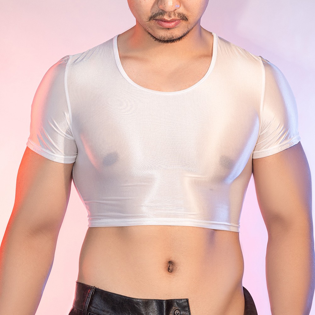 Men's Glossy See Through Tee Smooth Fabric Short Sleeve Top for Night Wear - Picture 25 of 38