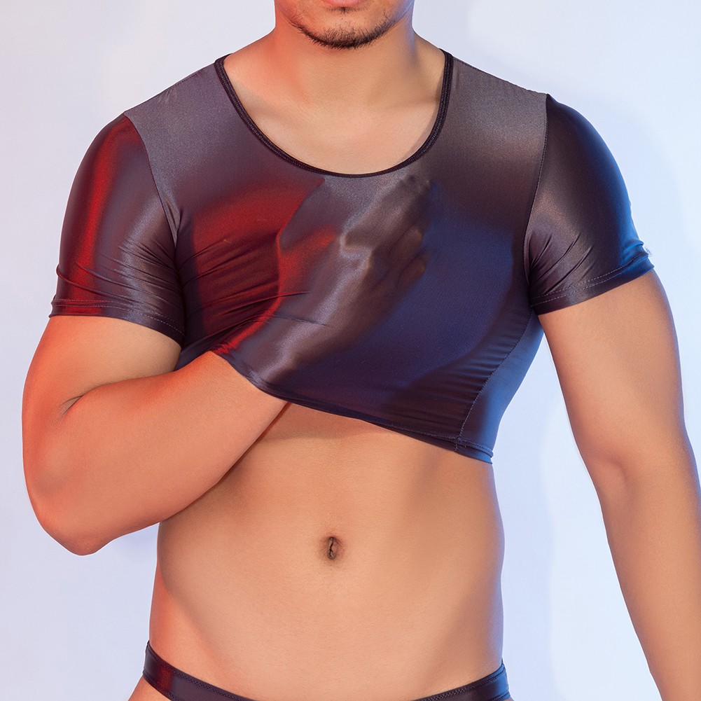 Men's Glossy See Through Tee Smooth Fabric Short Sleeve Top for Night Wear - Picture 34 of 38