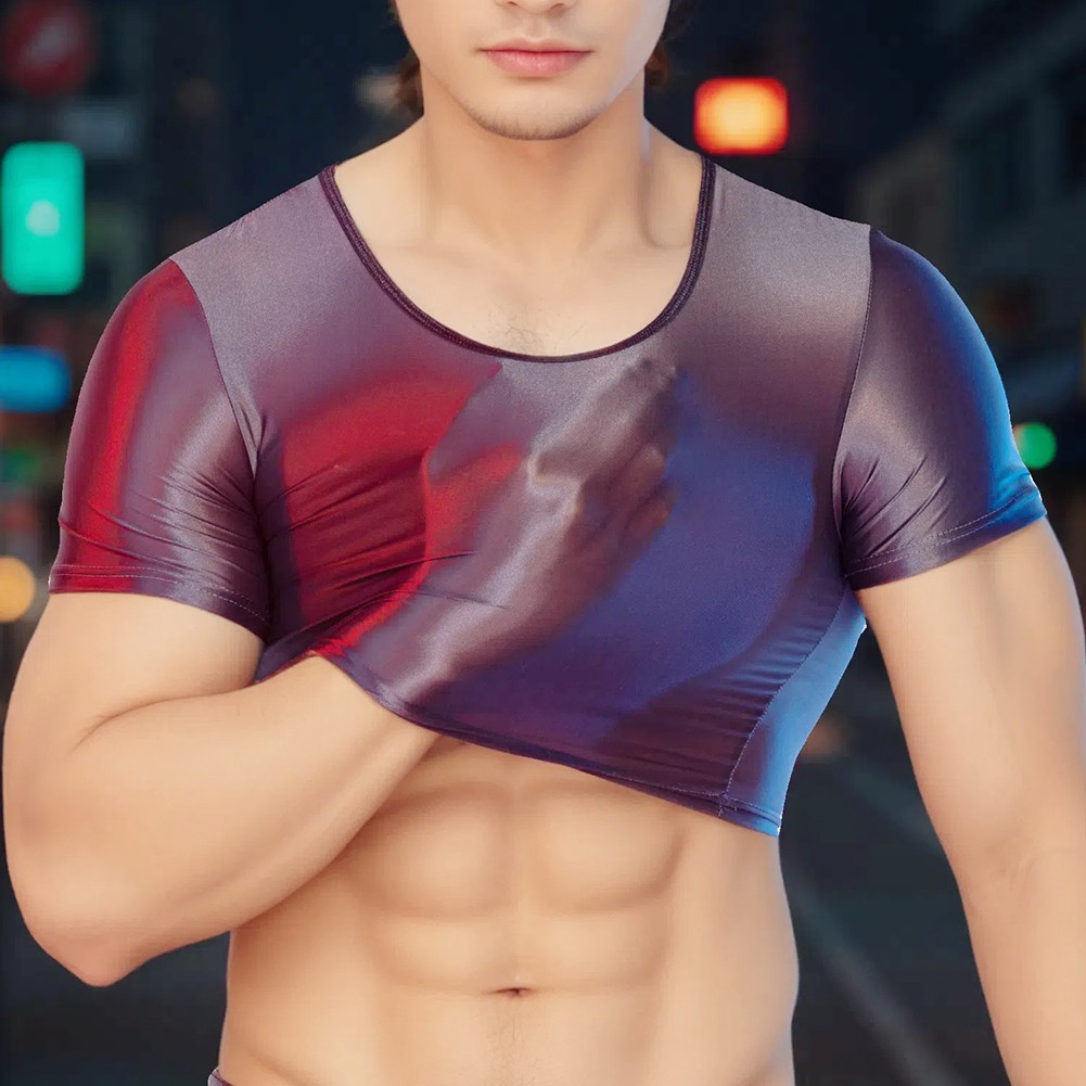 Men's Glossy See Through Tee Smooth Fabric Short Sleeve Top for Night Wear - Picture 30 of 38
