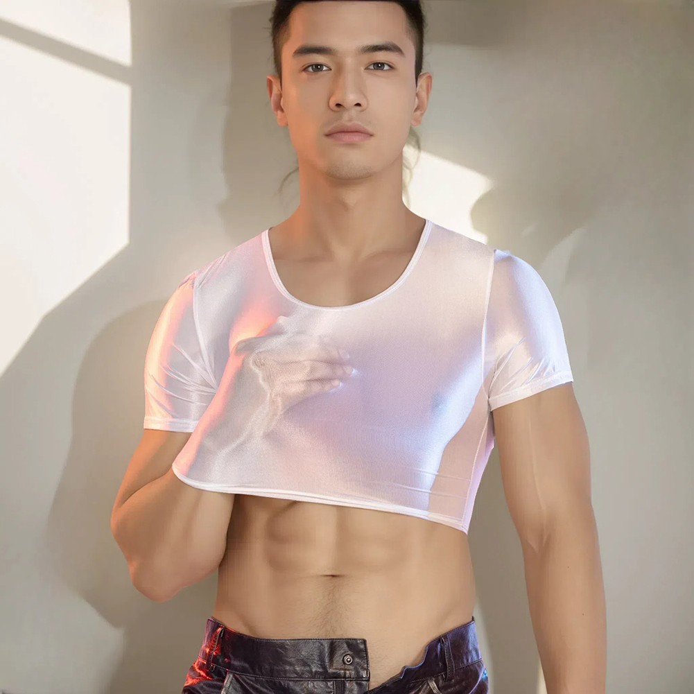 Men's Glossy See Through Tee Smooth Fabric Short Sleeve Top for Night Wear - Picture 22 of 38