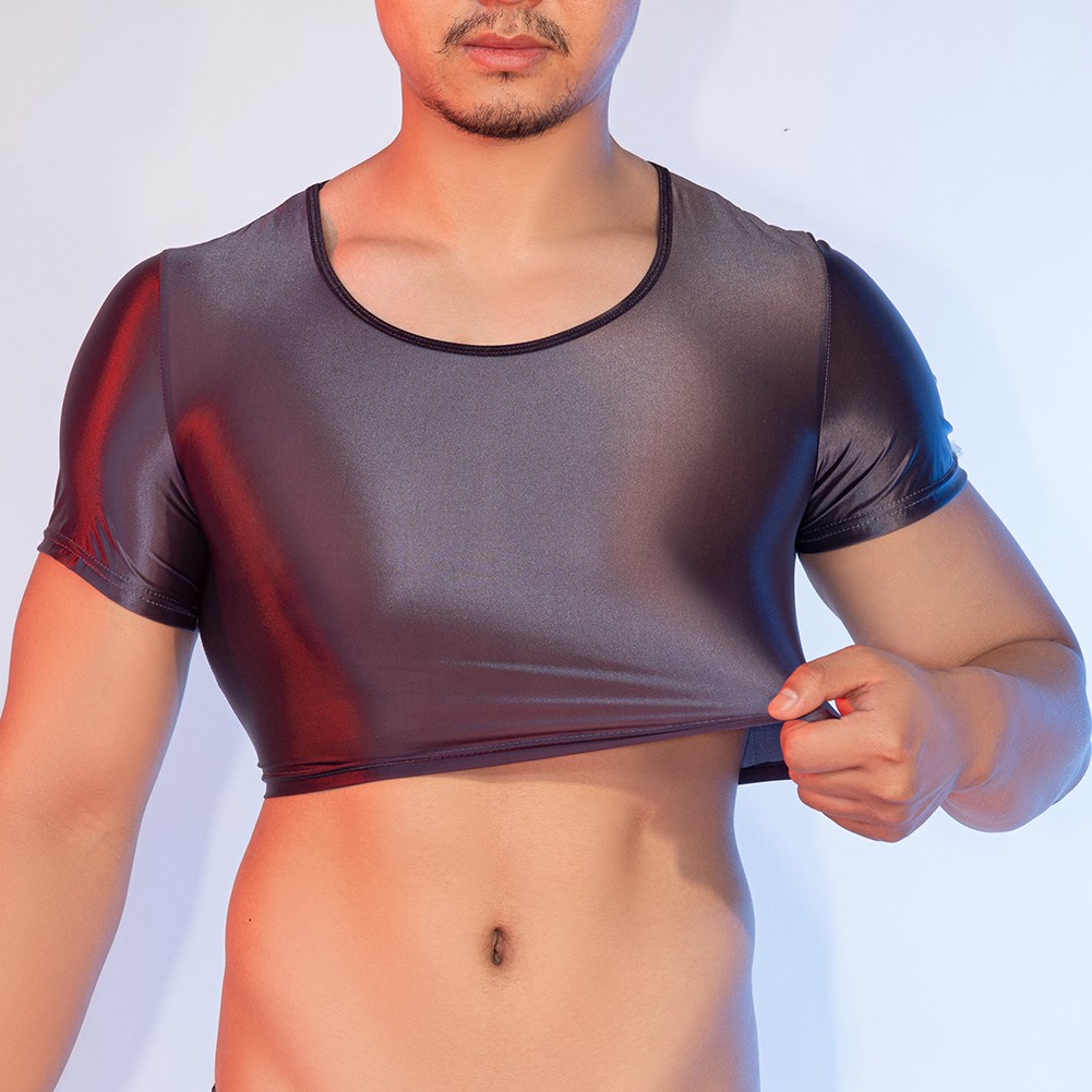 Men's Glossy See Through Tee Smooth Fabric Short Sleeve Top for Night Wear - Picture 33 of 38