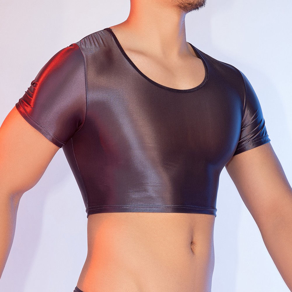 Men's Glossy See Through Tee Smooth Fabric Short Sleeve Top for Night Wear - Picture 32 of 38