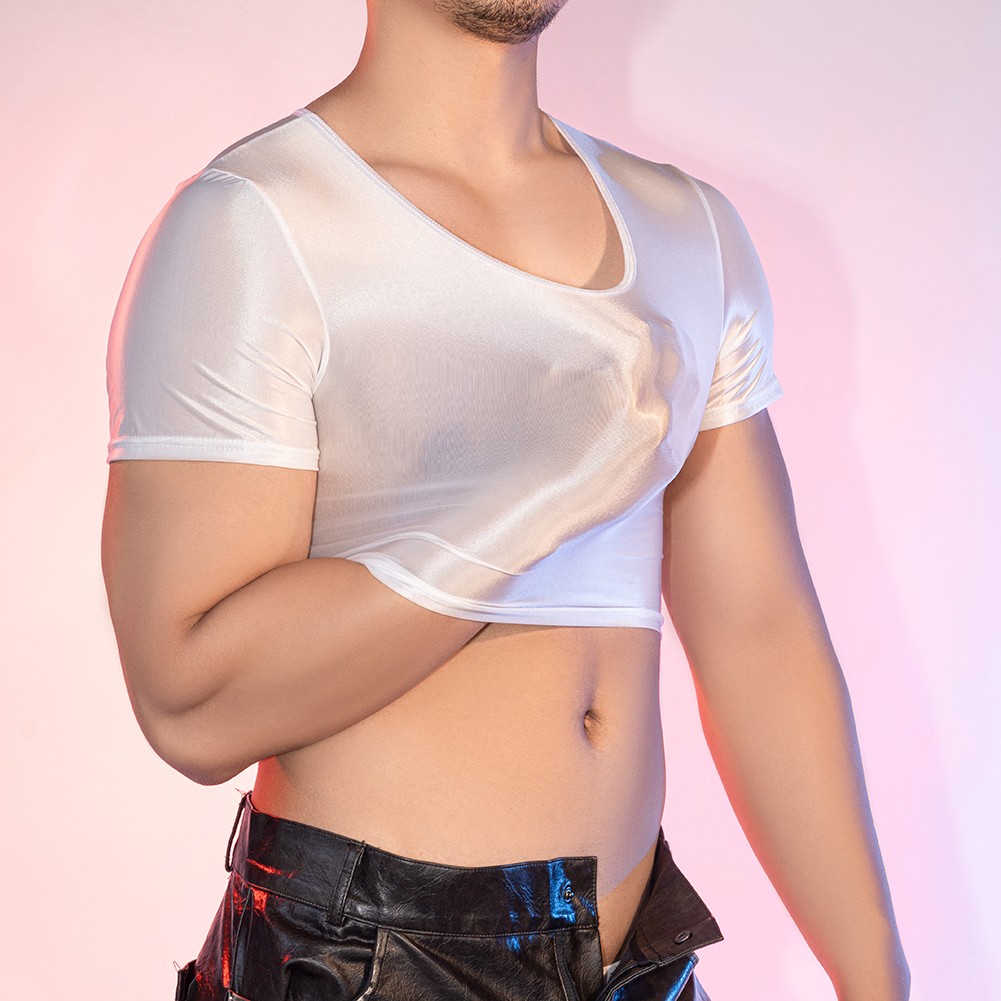 Men's Glossy See Through Tee Smooth Fabric Short Sleeve Top for Night Wear - Picture 26 of 38