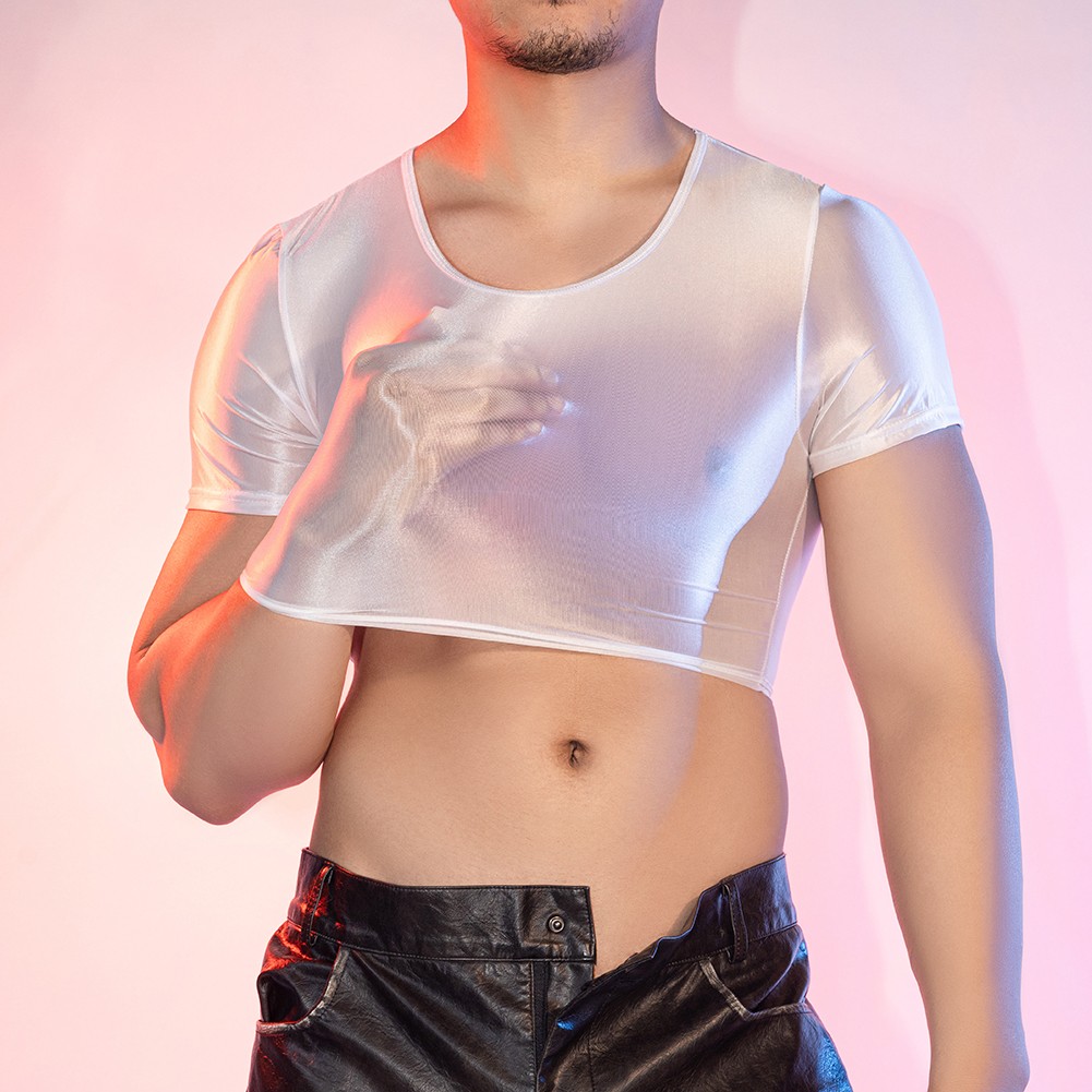 Men's Glossy See Through Tee Smooth Fabric Short Sleeve Top for Night Wear - Picture 27 of 38