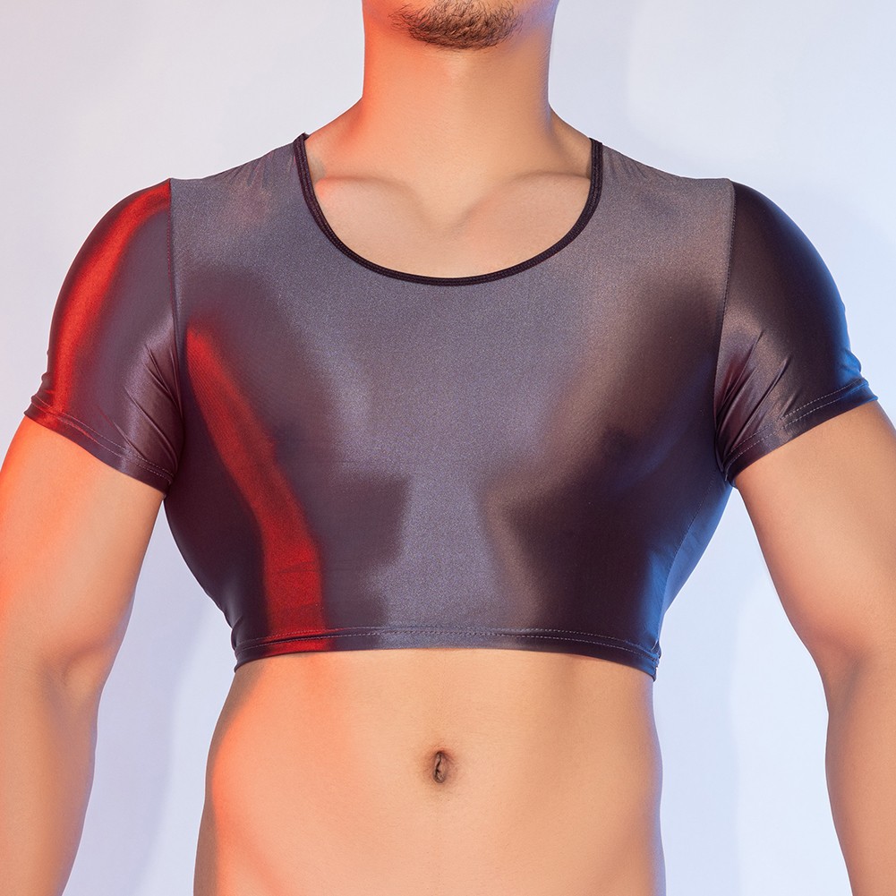 Men's Glossy See Through Tee Smooth Fabric Short Sleeve Top for Night Wear - Picture 31 of 38