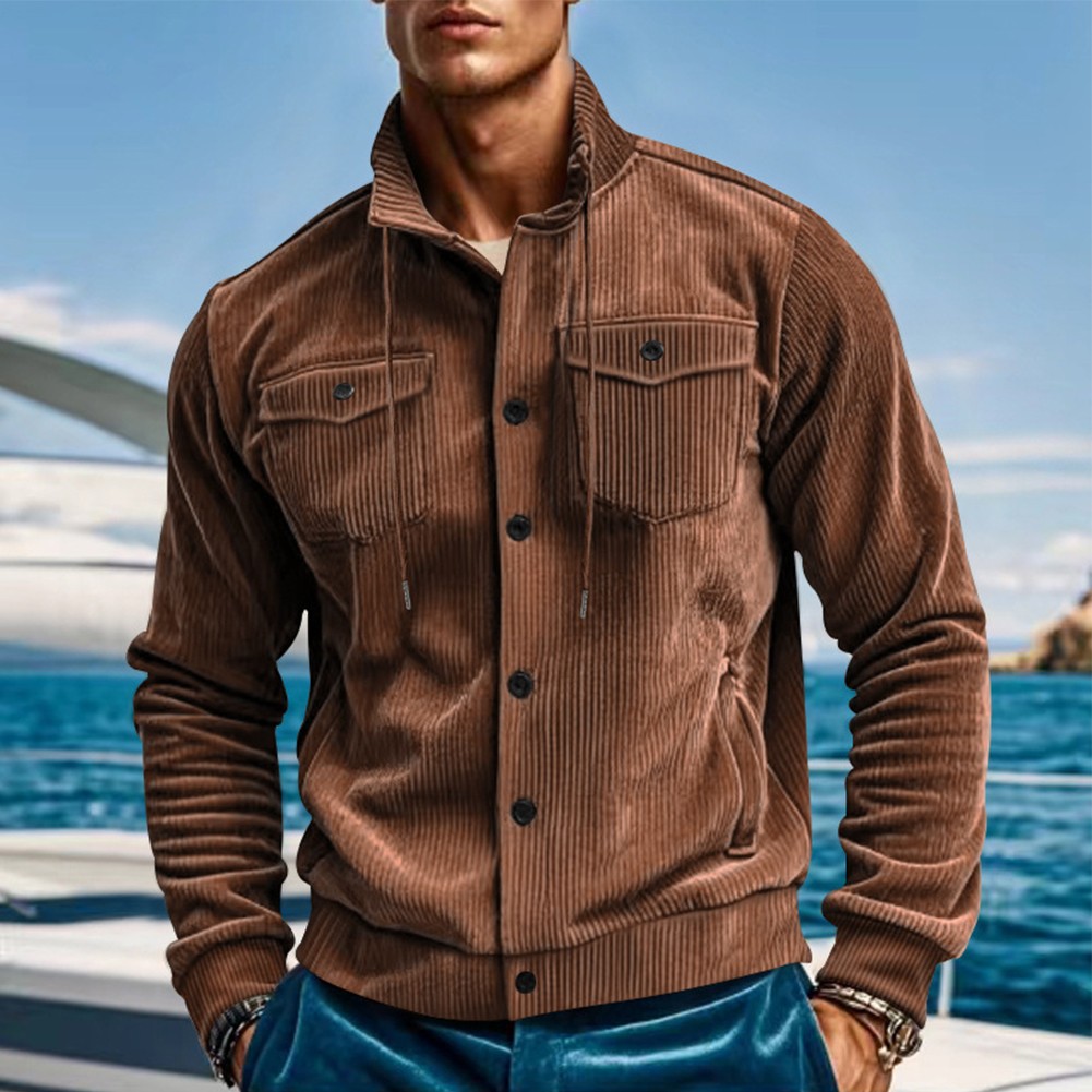 Comfortable Men's Corduroy Jacket Coat with Lapel Design for Cold Weather - Picture 14 of 32