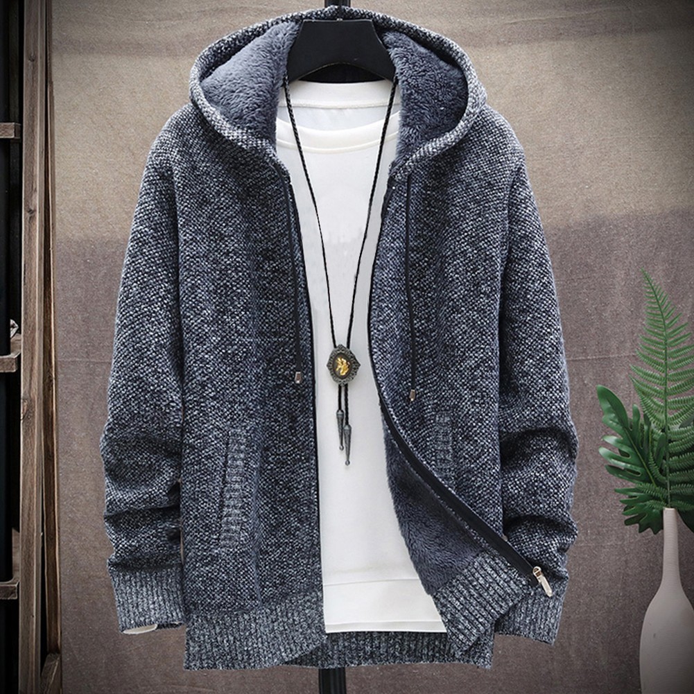 Winter Warm Hooded Cardigan for Men Thick Sweatshirt with Zipper Closure - Picture 11 of 20