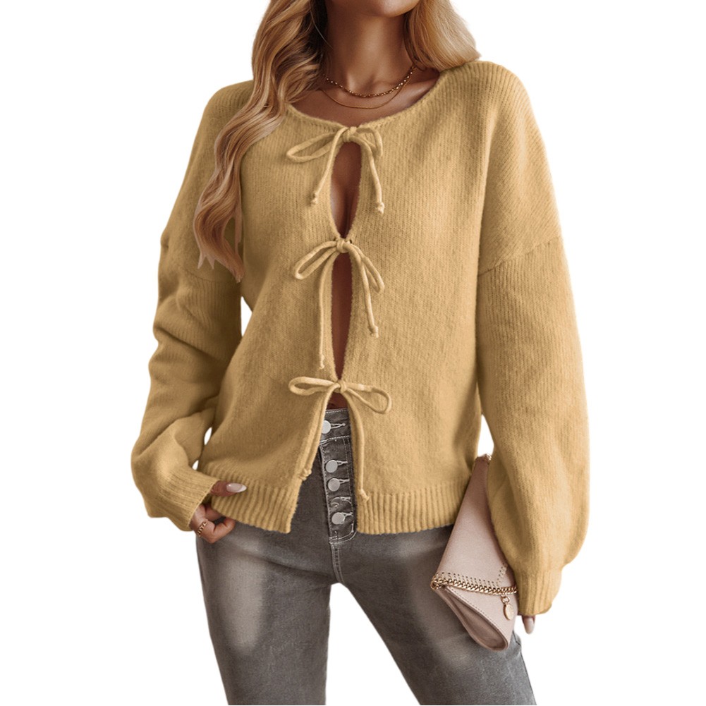Womens Elegant Hollow Sweater with Bow Tie and Long Sleeves for Casual Look