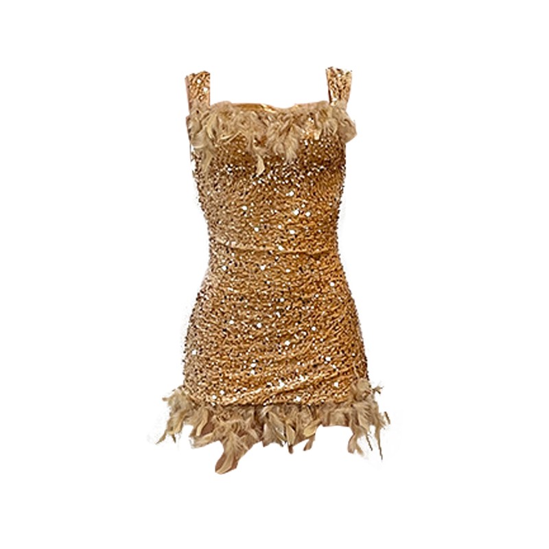 Atemberaubendes rückenfreies Damen Kleid verziert mit Federn und Glitzer - Bild 14 von 27