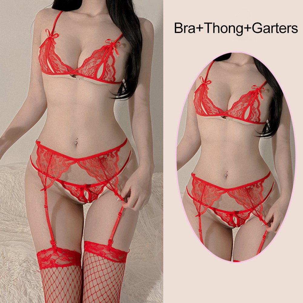 Lace Crotchless Design Women's Lingerie with Garter Belt and Stockings - Picture 8 of 24
