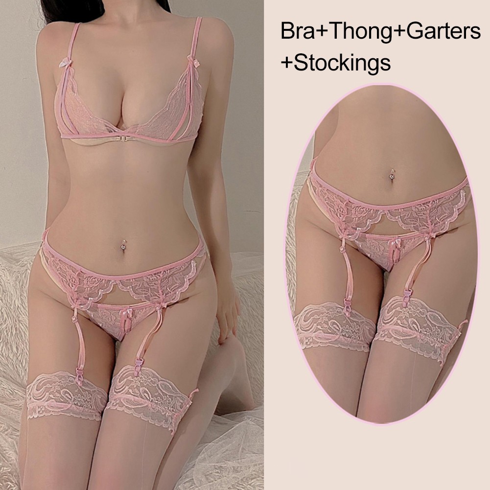 Lace Crotchless Design Women's Lingerie with Garter Belt and Stockings - Picture 16 of 24