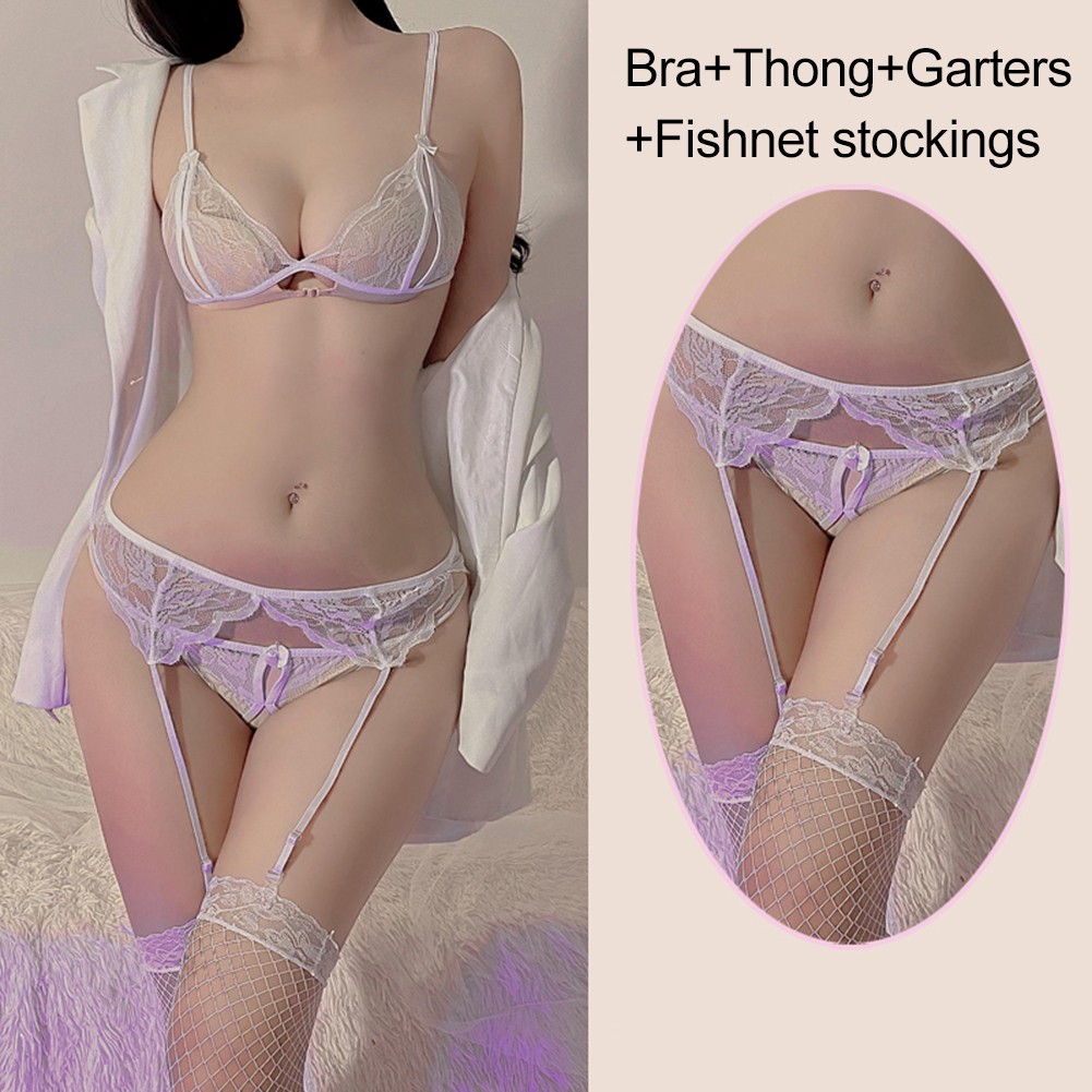 Lace Crotchless Design Women's Lingerie with Garter Belt and Stockings - Picture 20 of 24