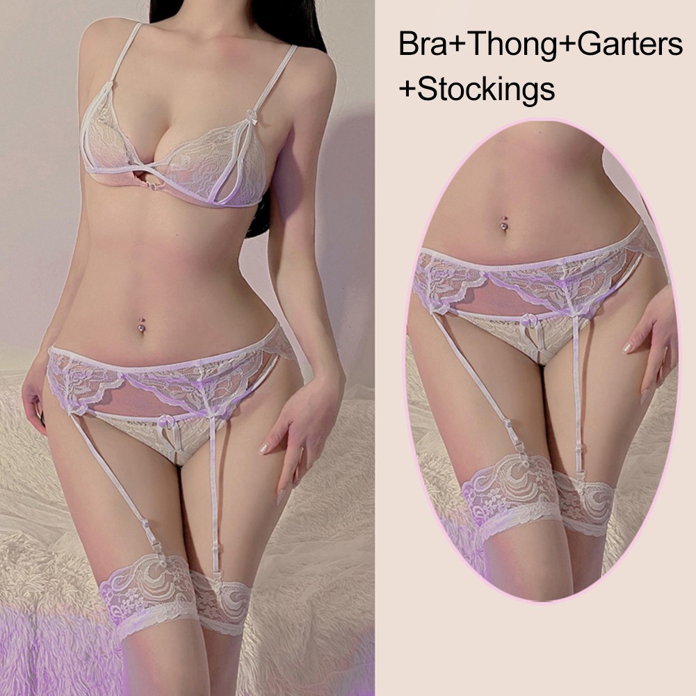 Lace Crotchless Design Women's Lingerie with Garter Belt and Stockings - Picture 13 of 24