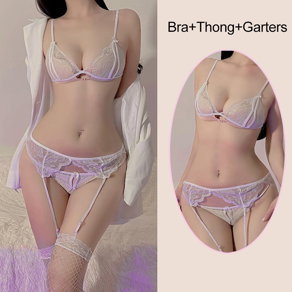 Lace Crotchless Design Women's Lingerie with Garter Belt and Stockings - Picture 7 of 24
