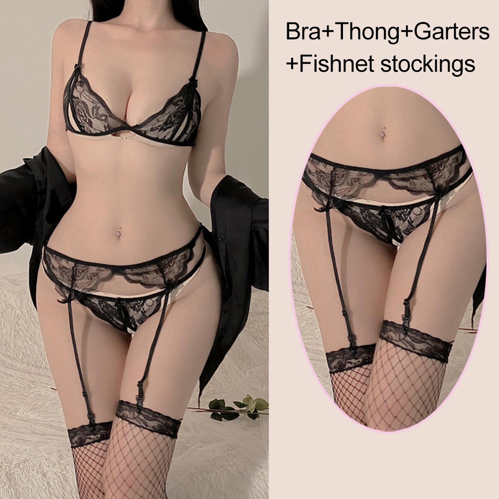 Lace Crotchless Design Women's Lingerie with Garter Belt and Stockings - Picture 18 of 24