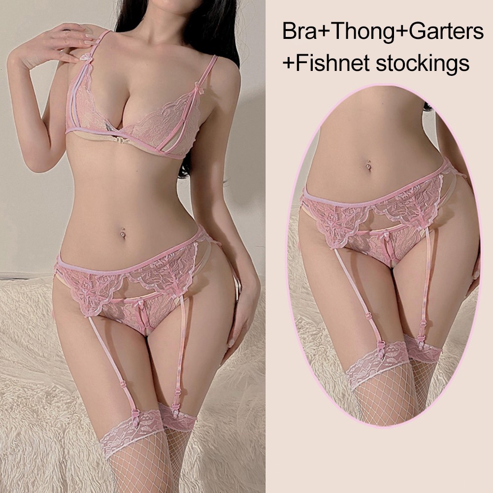 Lace Crotchless Design Women's Lingerie with Garter Belt and Stockings - Picture 23 of 24