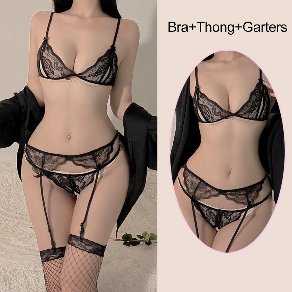 Lace Crotchless Design Women's Lingerie with Garter Belt and Stockings - Picture 6 of 24
