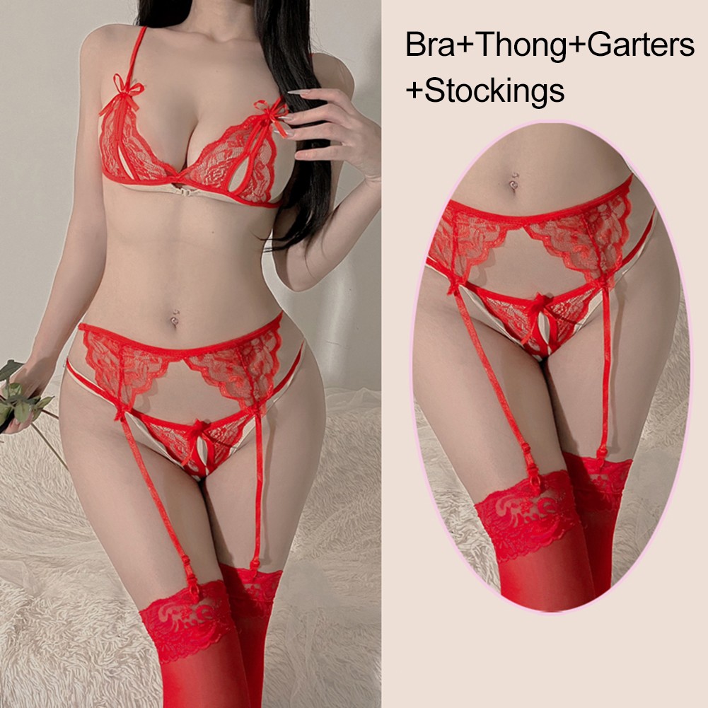Lace Crotchless Design Women's Lingerie with Garter Belt and Stockings - Picture 14 of 24