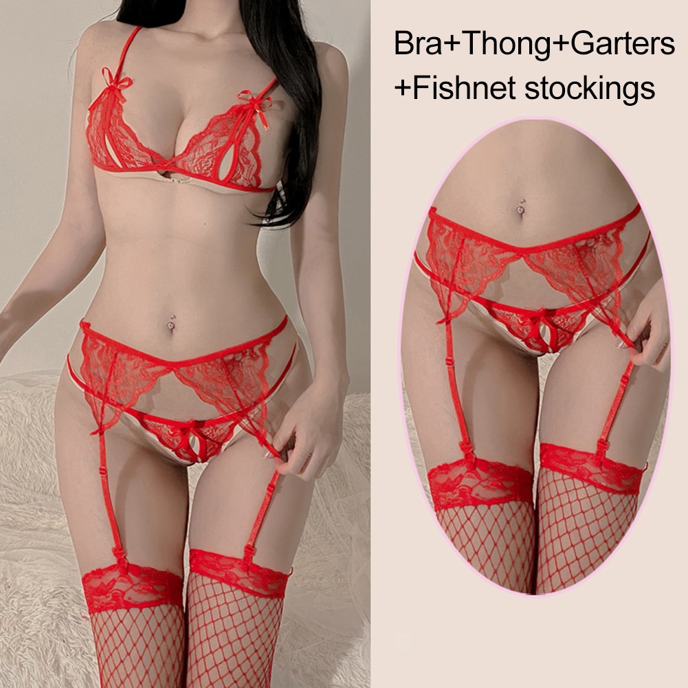 Lace Crotchless Design Women's Lingerie with Garter Belt and Stockings - Picture 21 of 24