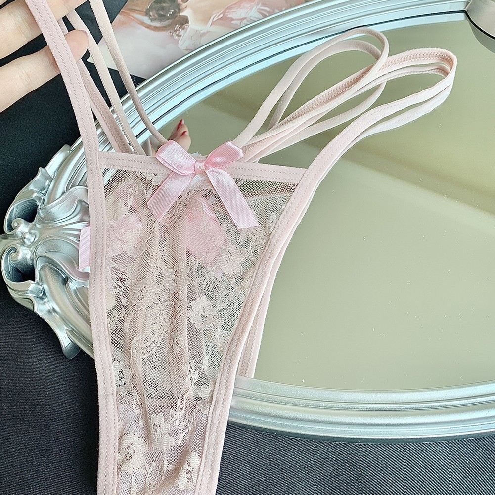 Womens Low Waist Lace Panties with Bow and Thin Straps TBack Underwear - Picture 21 of 24