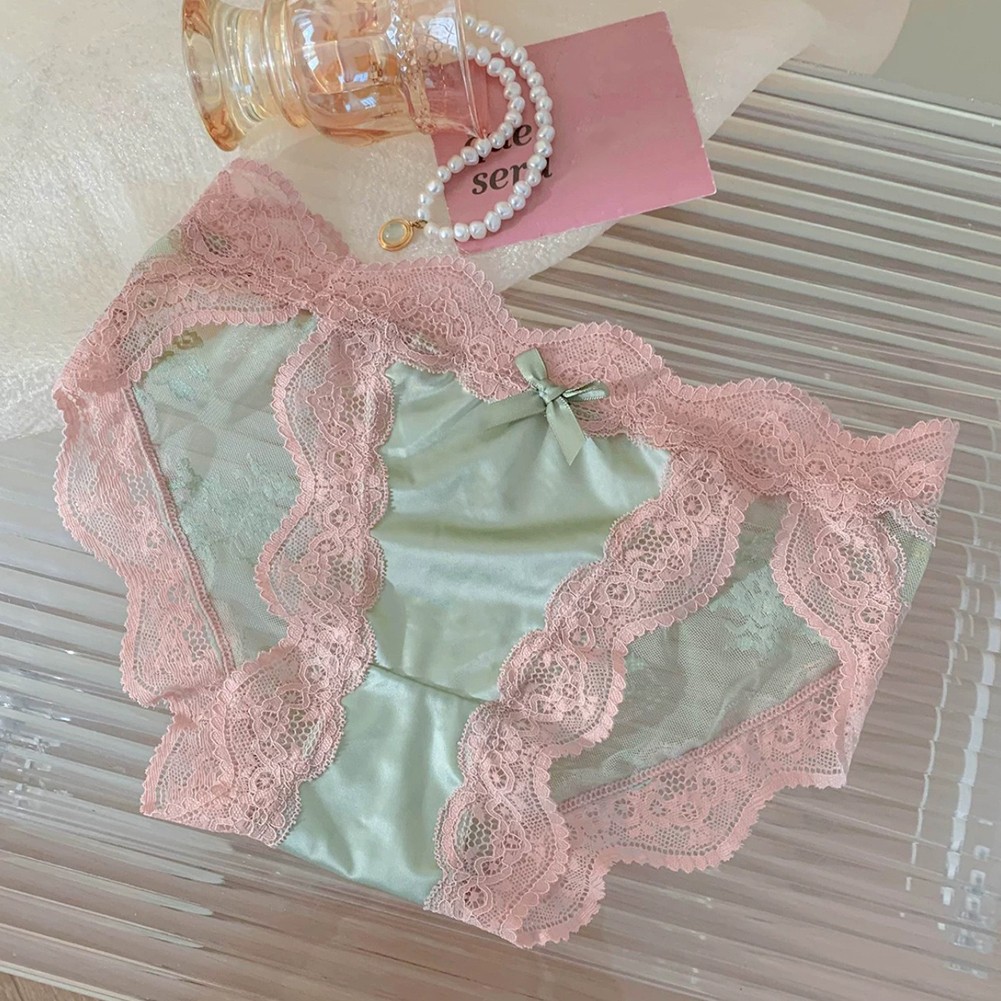 Breathable Womens Lace Underwear Thin Satin Bow Design Low Waist Briefs - Picture 31 of 33