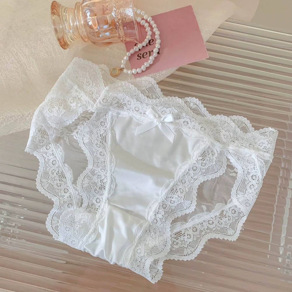 Breathable Womens Lace Underwear Thin Satin Bow Design Low Waist Briefs - Picture 23 of 33